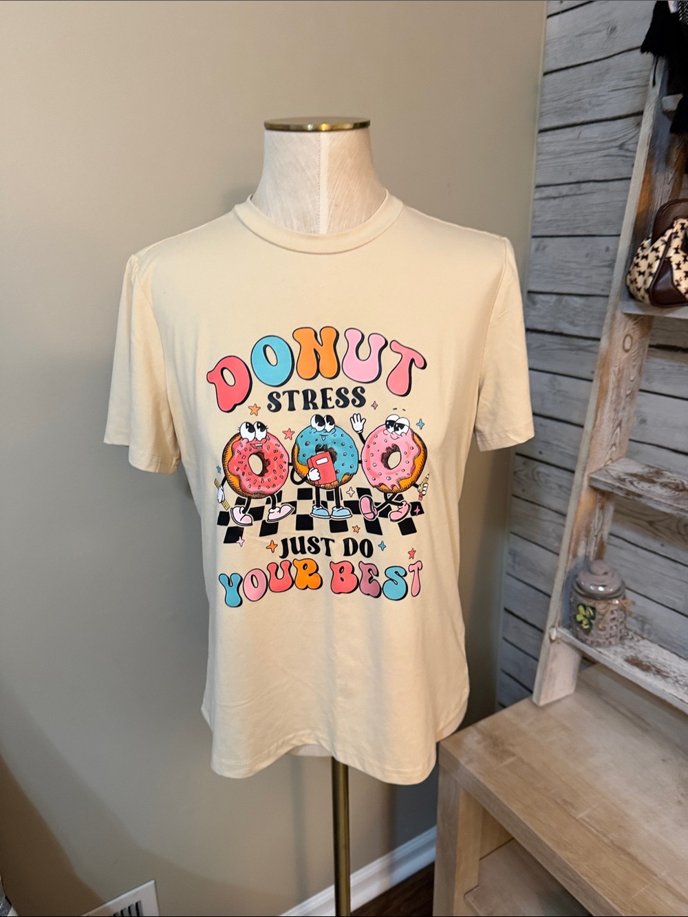 SHEIN Cream Short Sleeve Tee with Colorful Donut Graphic